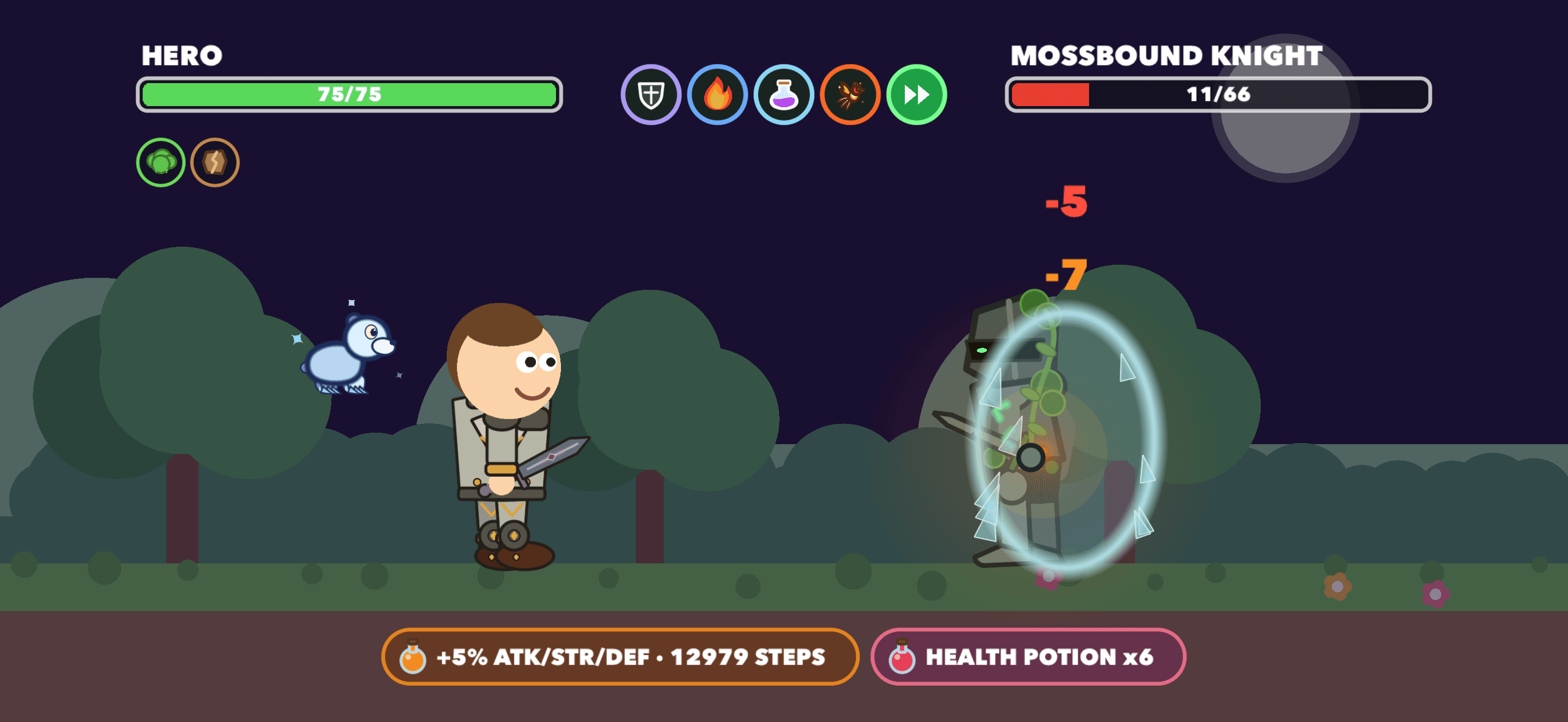 Close-up battle between the Hero and the Mossbound Knight with damage numbers