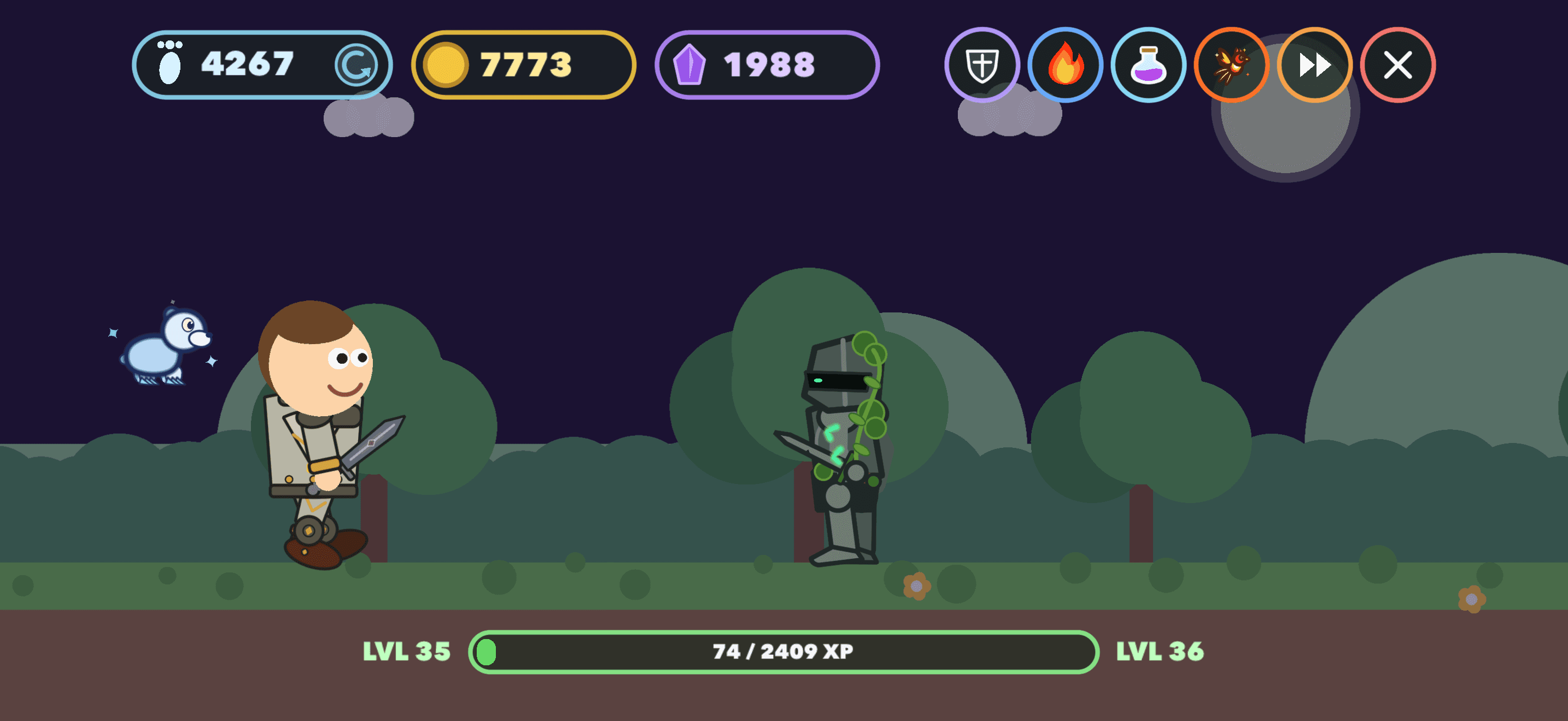 Hero and fox spirit companion facing the Mossbound Knight in a moonlit forest