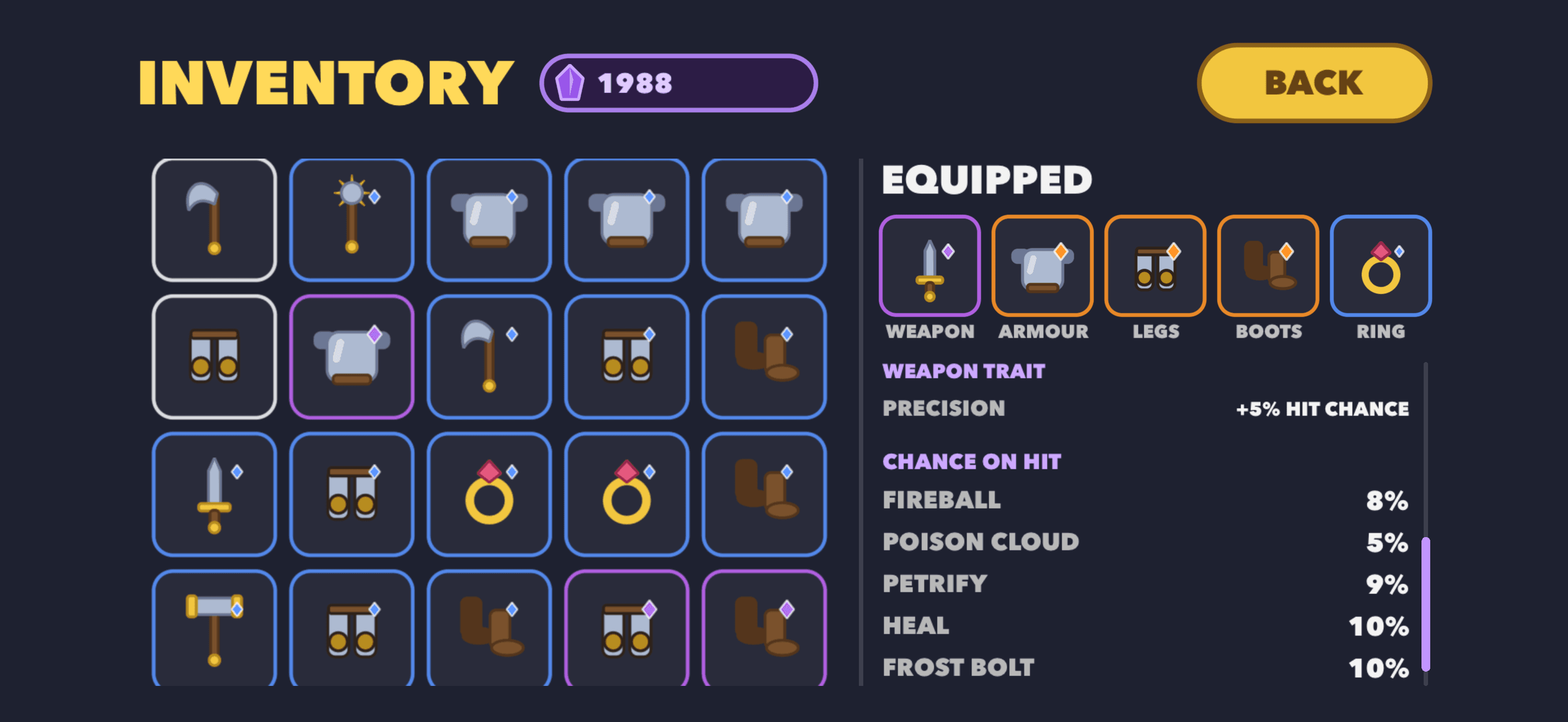 Inventory screen with weapon, armour, legs, boots, and ring slots