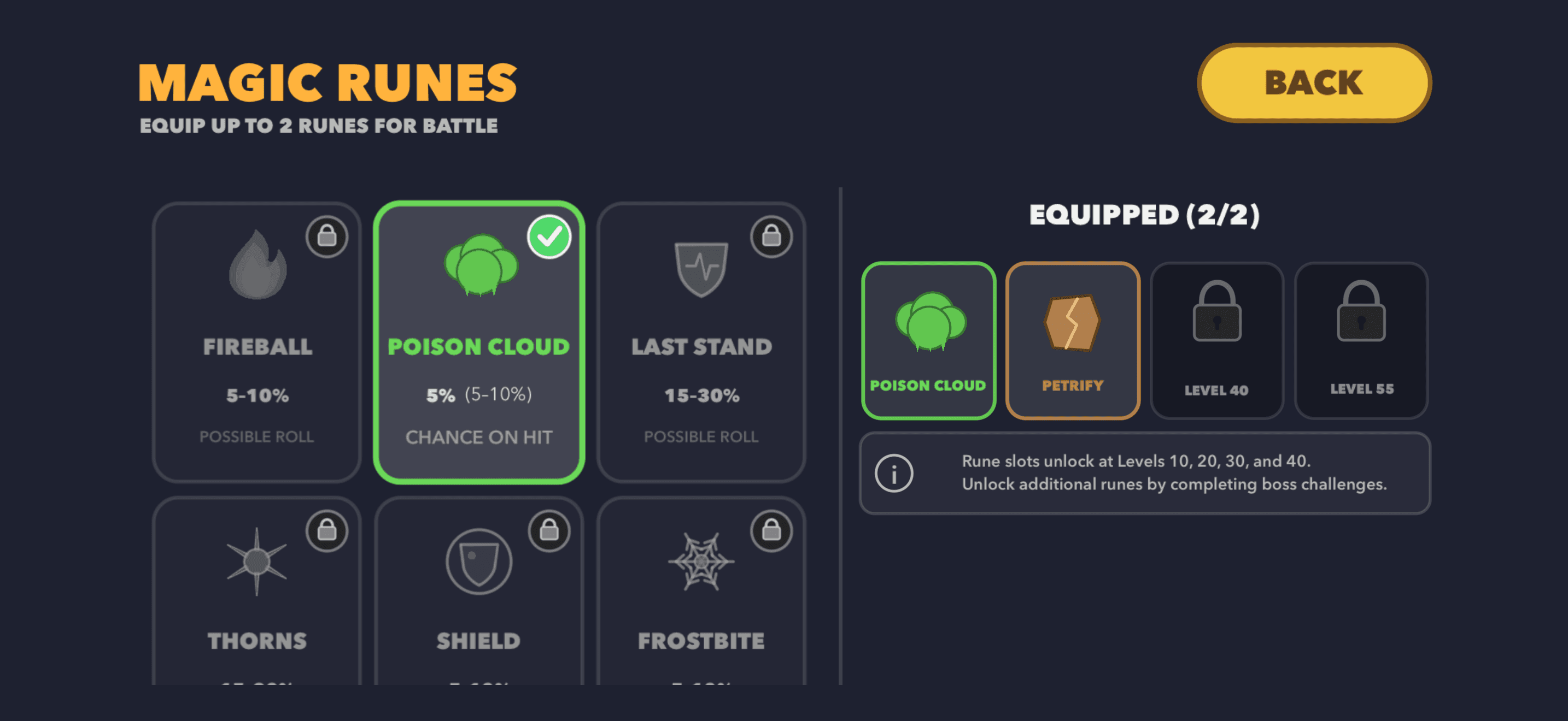 Magic Runes screen showing Poison Cloud and Petrify equipped