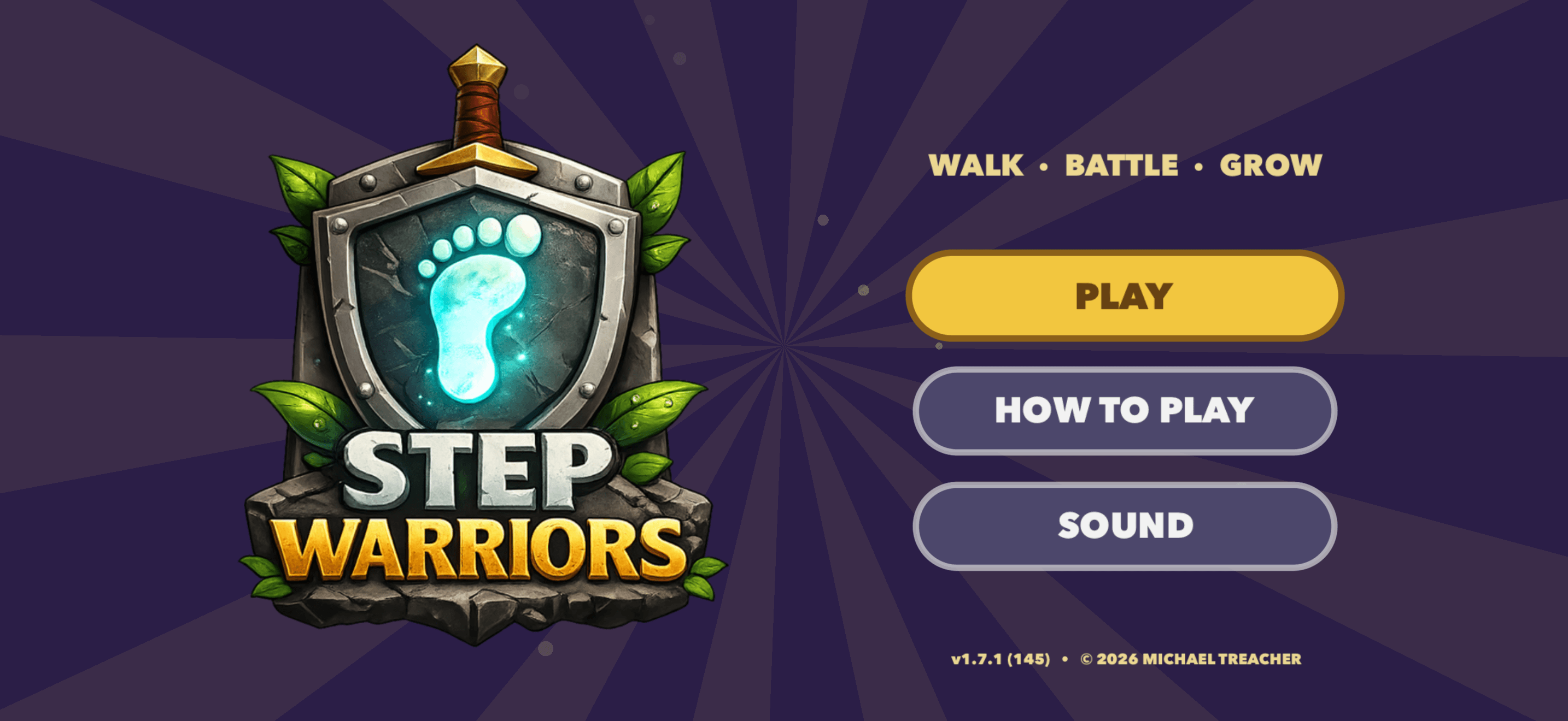 Step Warriors title screen showing the hero's shield and sword emblem